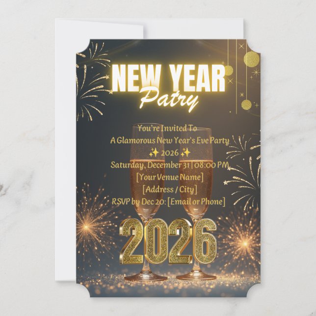 New Year’s Eve Glam Party Invitation – Gold & Blac (Front)