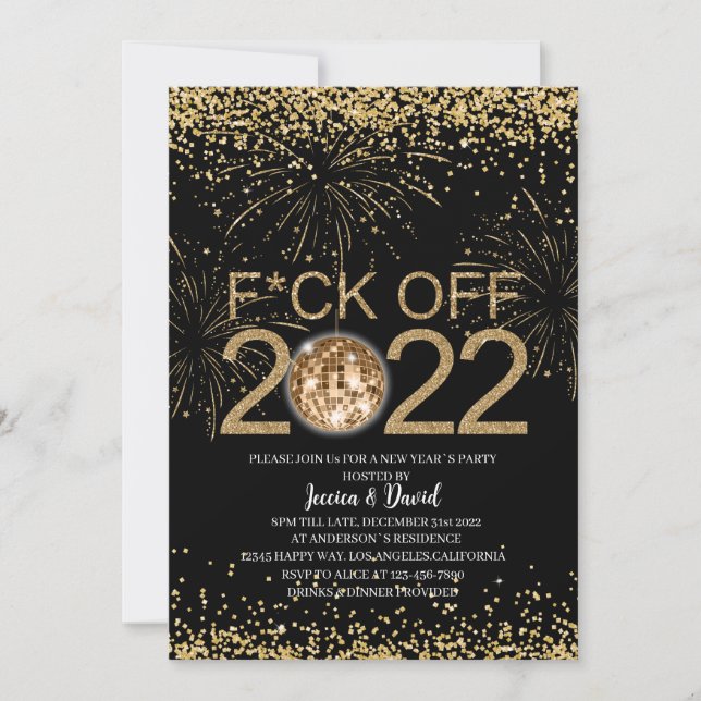New Year`s Eve Party Gold and Black Personalised Invitation (Front)