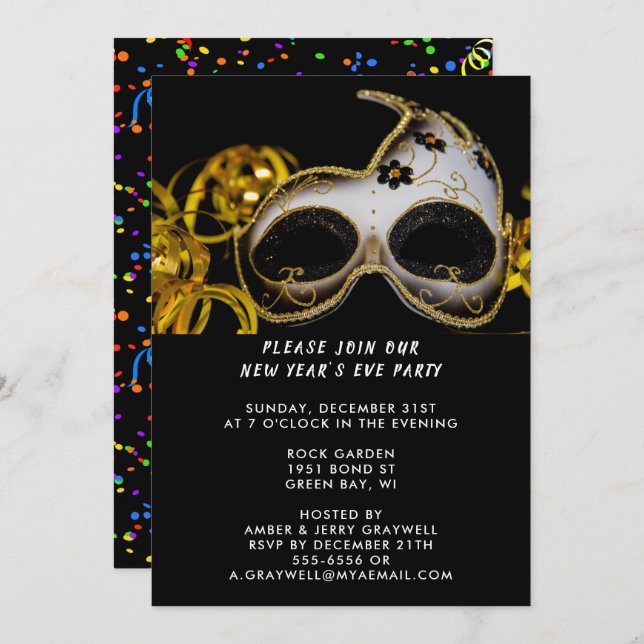New Year’s Eve Party Mask & Confetti, ZRP Invitation (Front/Back)