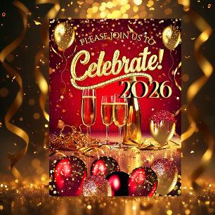 New Year’s Eve Party Red Gold Champagne Streamers Invitation