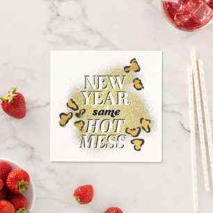 New Year Same Hot Mess Funny Gold Glitter Leopard Napkin