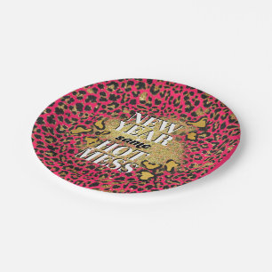 New Year Same Hot Pink Mess Gold Glitter Leopard Paper Plate