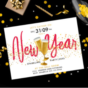 New Year Sparkling Champagne Gold Confetti Invitation
