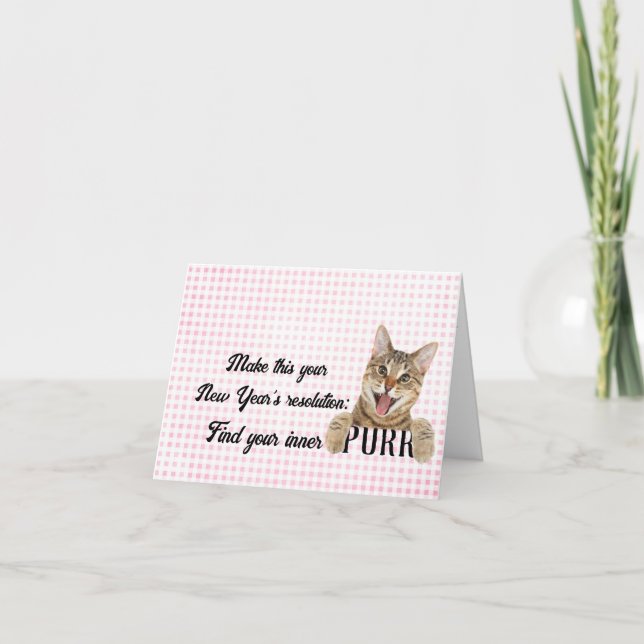 New Year Tabby Cat on Gingham Card (Front)