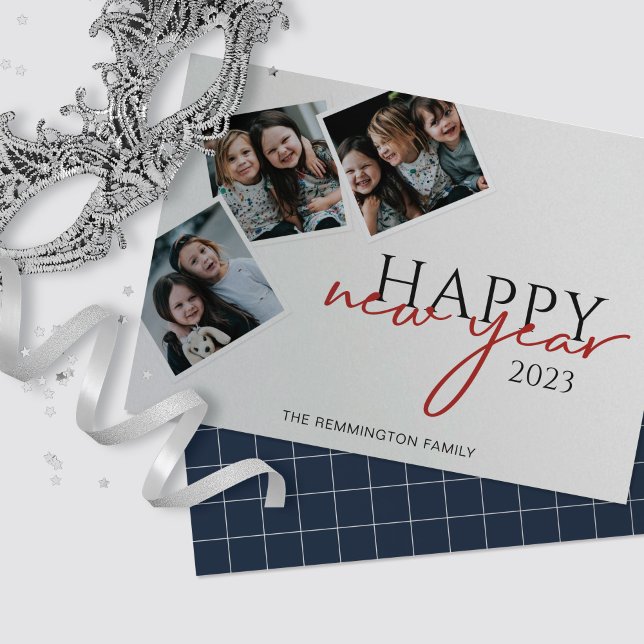 New Year Three Photo Snapshots Navy Silver Paper   Card (Creator Uploaded)