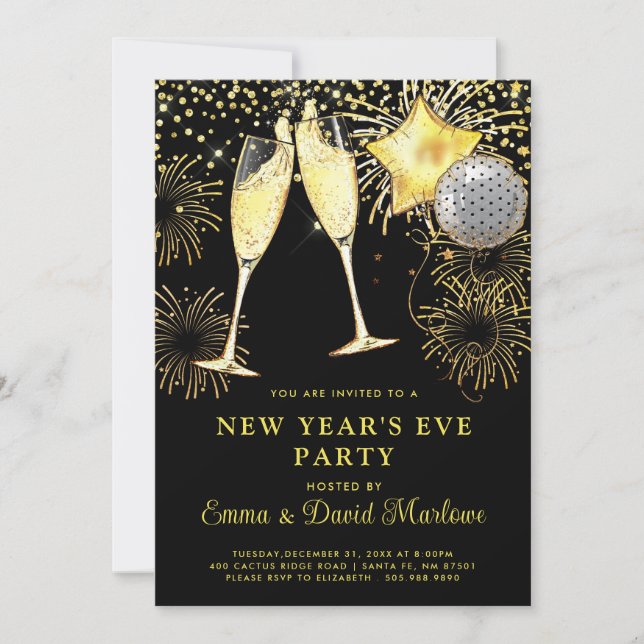 New Year's 2024 Gold Glitter On Black Invitation (Front)