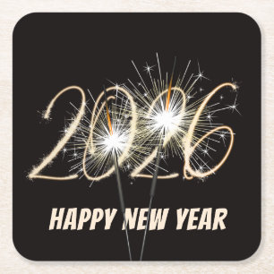 New Years 2025 Party Sparklers Square Paper Coaster