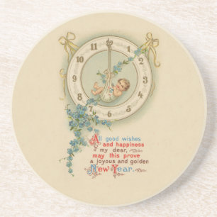 New Years Baby Vintage Clock Coaster