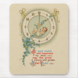 New Years Baby Vintage Clock Mouse Pad