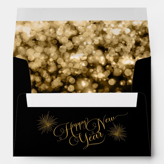 New Year's Black Gold Bokeh Return Address Envelope (Back (Bottom))