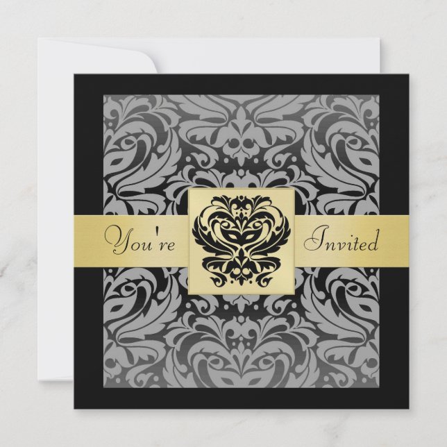 New Years Black Mask Damask Gold Ribbon Invitation (Front)