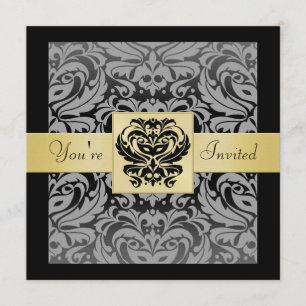 New Years Black Mask Damask Gold Ribbon Invitation
