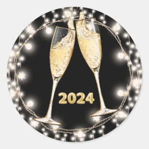 New Years Champagne Glasses Glowing String Lights Classic Round Sticker