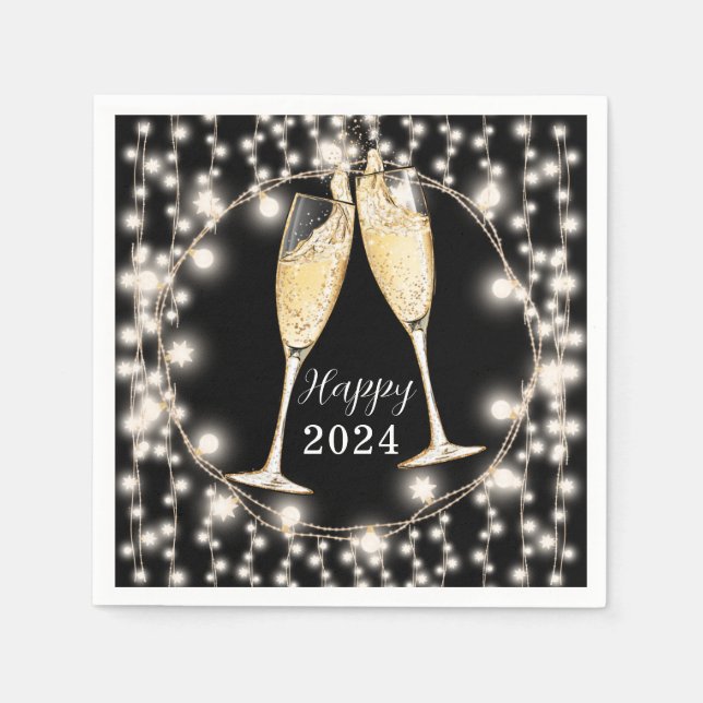 New Years Champagne Glasses String Lights 2024 Napkin (Front)