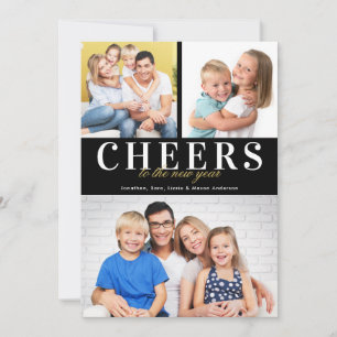 New Years Cheer Gold Typography 3 Photos Holiday Card