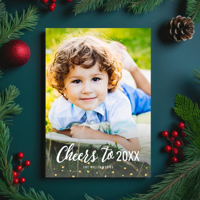 New Year's Cheers To 20XX Gold Confetti Photo Holiday Card (Creator Uploaded)