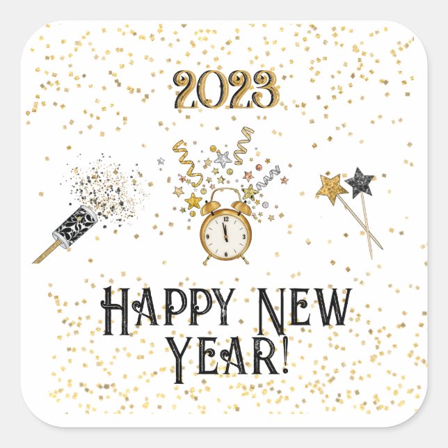 New Years Clock, Stars, Glitter, Star Wands Square Sticker (Front)