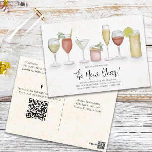 New Year's Cocktail Drinks QR Code Pre Addressed Postcard