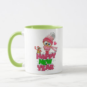 New Year's Cup with Beautiful Owl and Squirrel