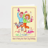 New Year's Day Birthday Cartoon of Couple Partying