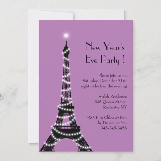 New Year's Eiffel Tower Invitation purple (Front)