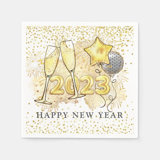New Year's Eve 2023 Champagne Balloons Glitter  Napkin (Front)
