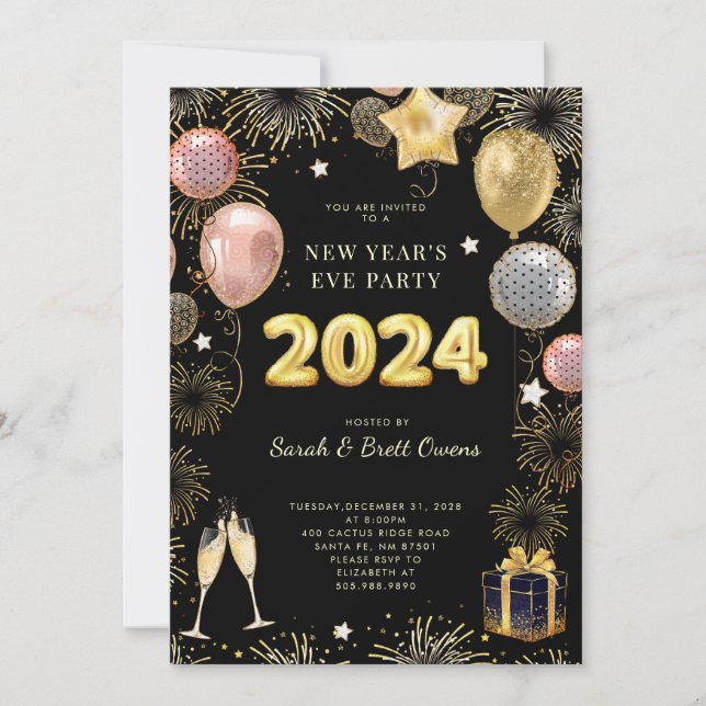 New Year's Eve 2023 Gold Glitter On Black  Invitation (Front)