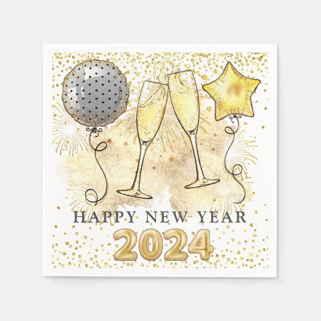 New Year's Eve 2024 Champagne Balloons Glitter  Napkin (Front)