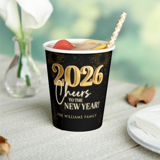 New Year's Eve 2026 Party Gold Glitter Paper Cups (Insitu)