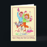 New Year's Eve Birthday Cartoon of Couple Partying Holiday Card<br><div class="desc">This is a lively card for someone who likes to party on their birthday, when their birthday is on New year's Eve. It is a cartoon caricature of a couple partying and dancing. She is holding a bottle of red wine with the cork popping in one hand and a glass...</div>