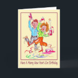 New Year's Eve Birthday Cartoon of Couple Partying Holiday Card<br><div class="desc">This is a lively card for someone who likes to party on their birthday, when their birthday is on New year's Eve. It is a cartoon caricature of a couple partying and dancing. She is holding a bottle of red wine with the cork popping in one hand and a glass...</div>