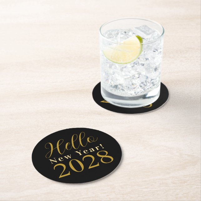 New Year's Eve Black Gold Party Round Paper Coaster (Insitu)