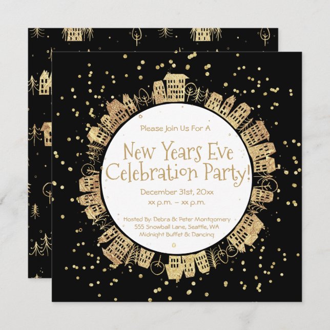 New Year's Eve, Black, White, Gold, Party Invitation (Front/Back)