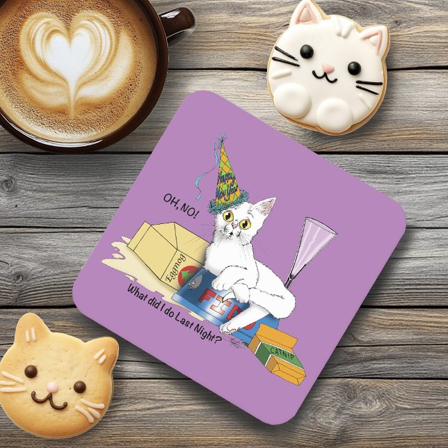 New Years Eve Cat Funny Square Paper Coaster (Creator Uploaded)