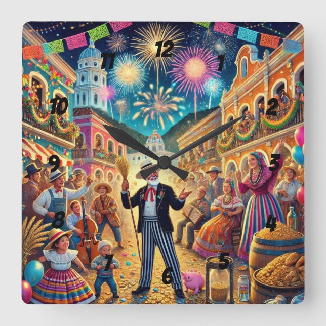 New Year's Eve Celebration El Año Viejo Square Wall Clock (Front)