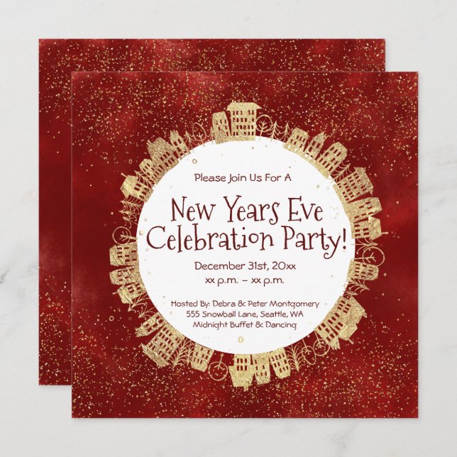 New Year's Eve, Celebration Party, Red, Gold,  Invitation (Front/Back)