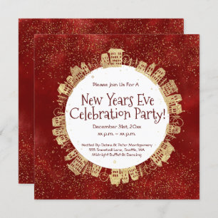 New Year's Eve, Celebration Party, Red, Gold,  Invitation