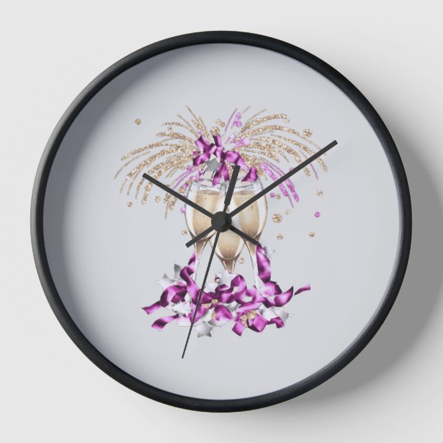 New Year's Eve celebration with champagne glasses. Clock (Front)