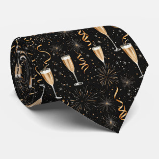 New Year's Eve Champagne Fireworks Black Gold Tie