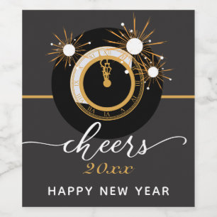 New Years Eve CHEERS Black & Gold Clock Wine Label