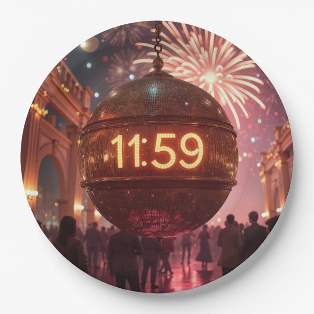 New Year's Eve Countdown Clock with Fireworks Paper Plate (Front)