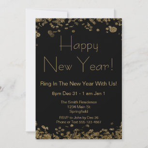 New Year's Eve Elegant Black and Gold Glitter Invitation
