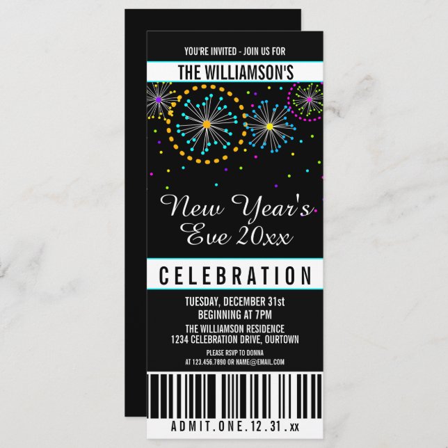 New Years Eve Fireworks Ticket Style Invitations (Front/Back)