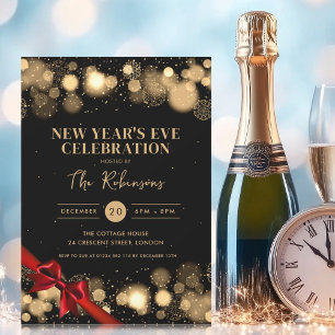 New Years Eve Gold Black Winter Wonder Red Bow Invitation