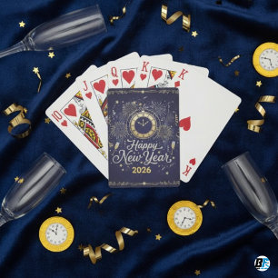 New Year's Eve Gold Clock & Fireworks Custom Playing Cards