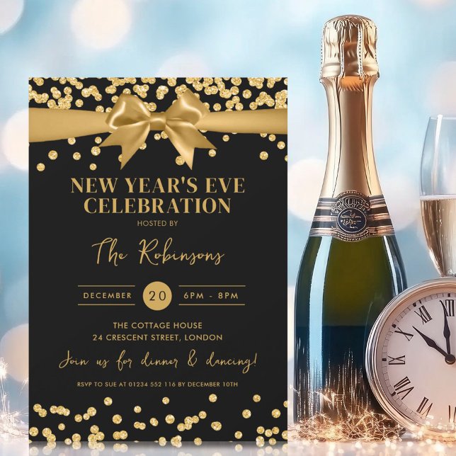 New Years Eve Gold Glitter Confetti & Bow Black Invitation (New Years Eve Gold Glitter Confetti & Bow Black Invitation)