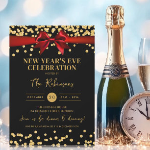 New Years Eve Gold Glitter Confetti Red Bow Black Invitation