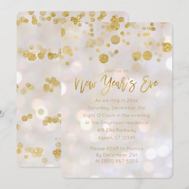 New Year's Eve Gold Iridescent Bokeh Invitation (Front/Back)