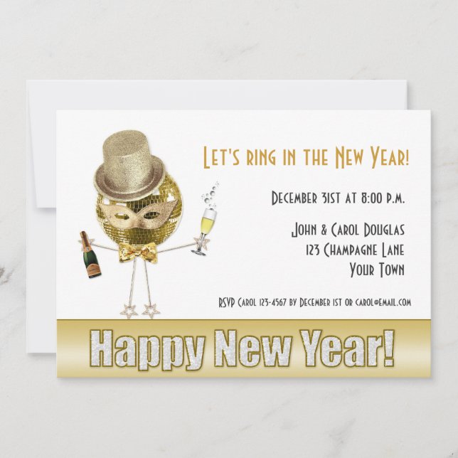 New Year's Eve, Gold Party Guy Invitation (Front)