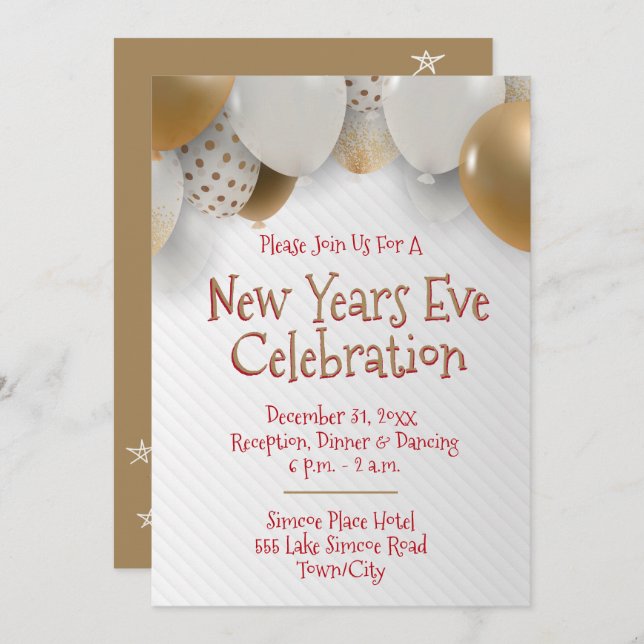 New Years Eve, Gold & White Party Invitation (Front/Back)